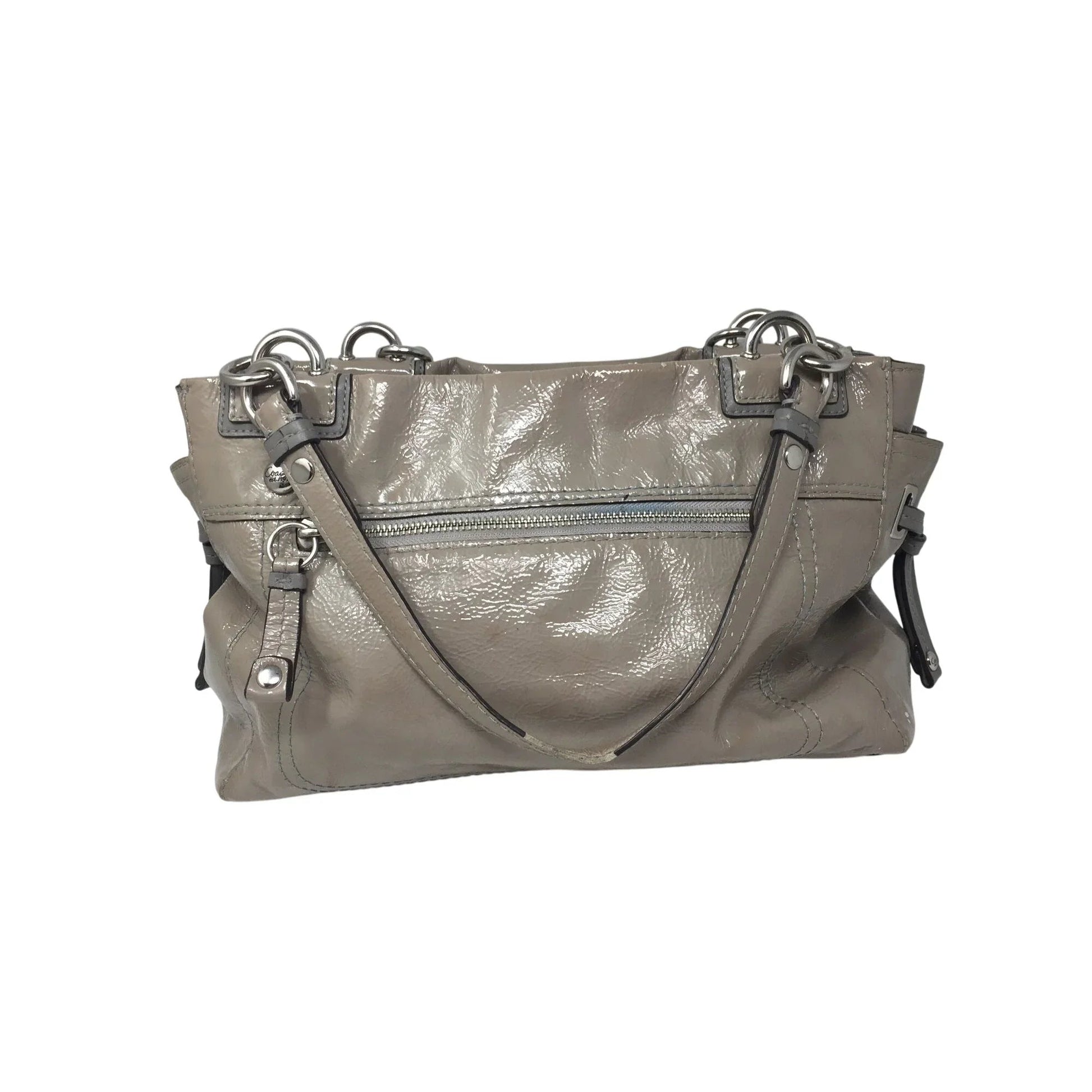 COACH Chelsea Patent Leather Peyton Carryall Satchel - Grayish Tan w Teal Lining - COACH - Designer bag - A+ Stuff