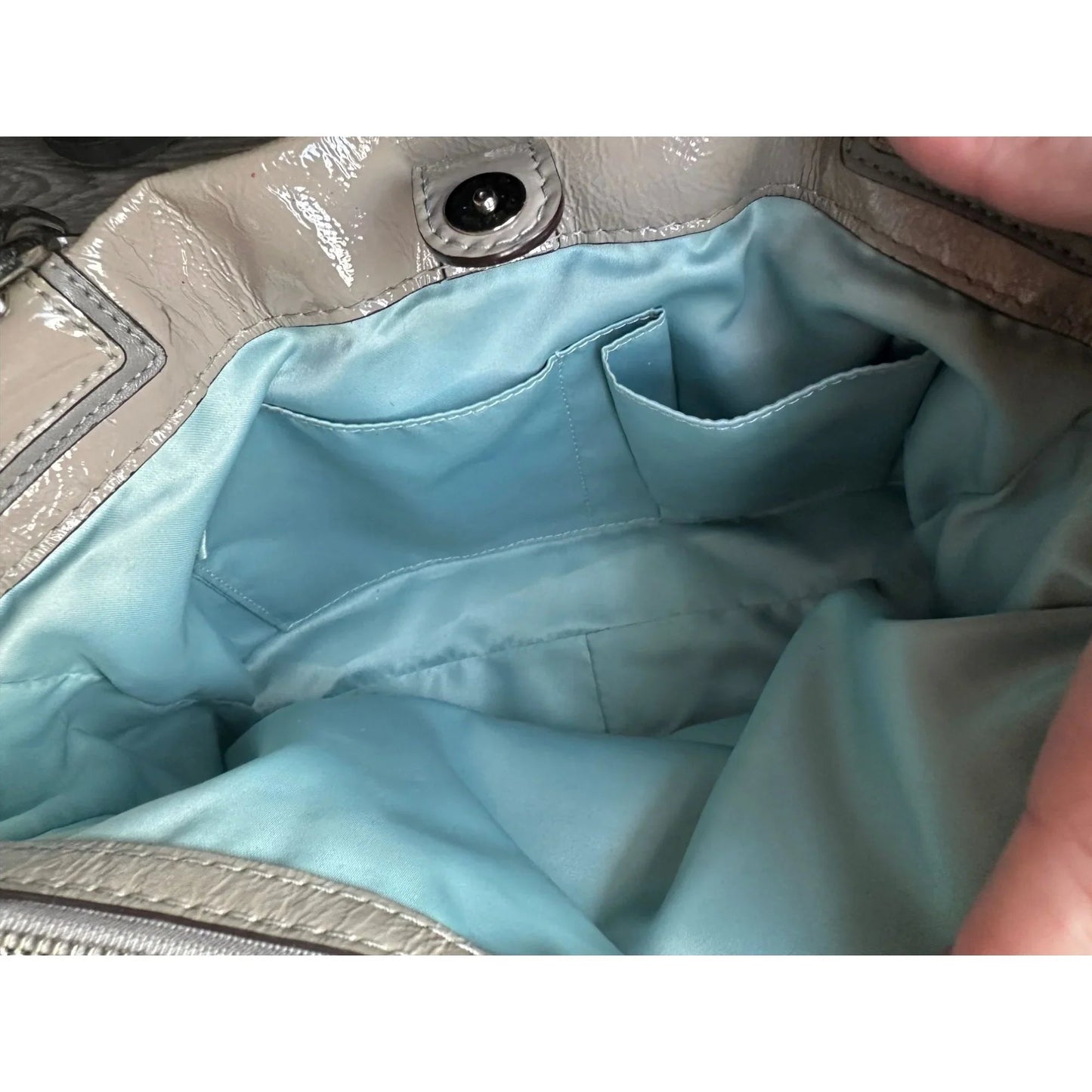 COACH Chelsea Patent Leather Peyton Carryall Satchel - Grayish Tan w Teal Lining - COACH - Designer bag - A+ Stuff