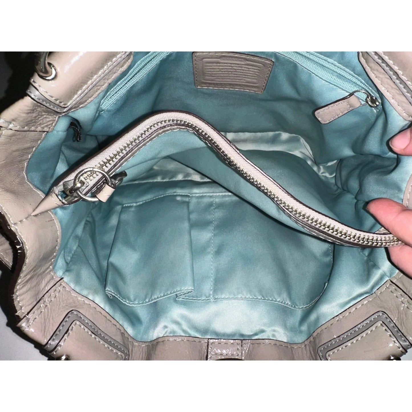COACH Chelsea Patent Leather Peyton Carryall Satchel - Grayish Tan w Teal Lining - COACH - Designer bag - A+ Stuff