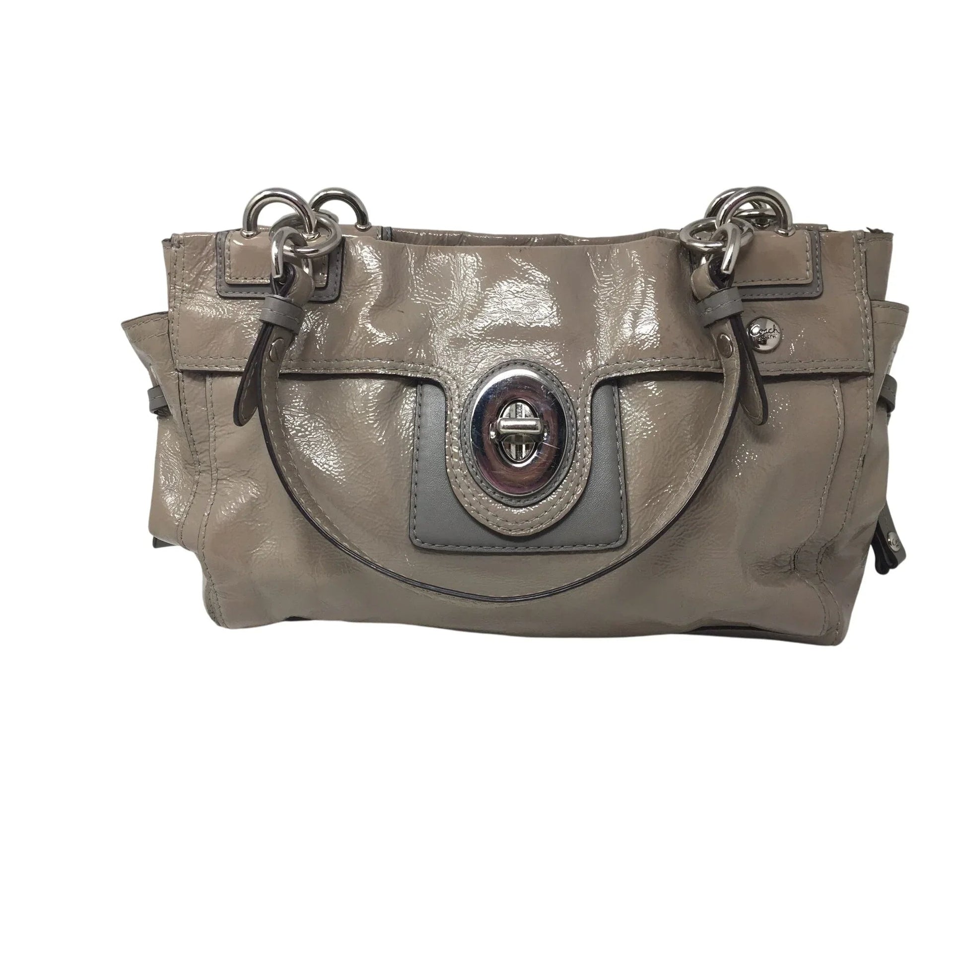 COACH Chelsea Patent Leather Peyton Carryall Satchel - Grayish Tan w Teal Lining - COACH - Designer bag - A+ Stuff