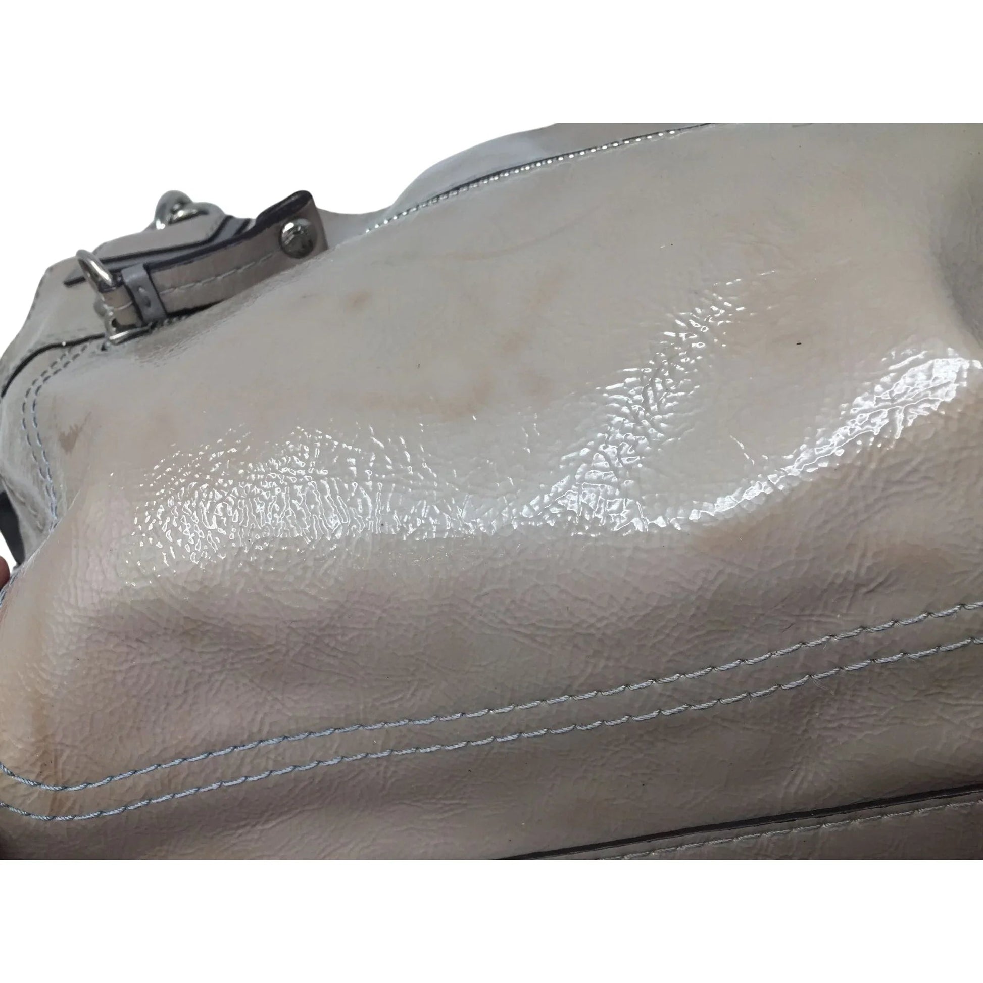 COACH Chelsea Patent Leather Peyton Carryall Satchel - Grayish Tan w Teal Lining - COACH - Designer bag - A+ Stuff