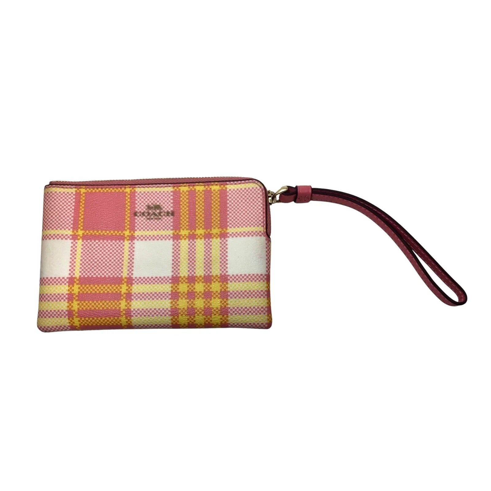 Coach Corner Zip Wristlet - Garden Plaid Print - Taffy & Gold - Coach - Wristlet - A+ Stuff