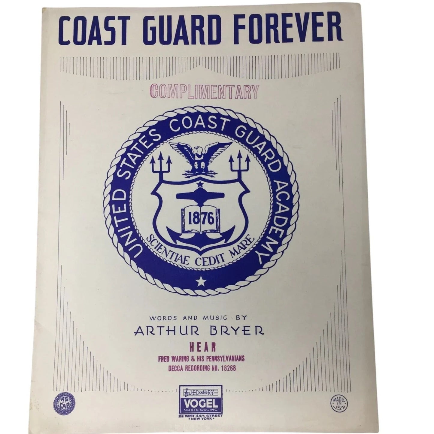 ''Coast Guard Forever'' Words and music by Arthur Bryer - A+ Stuff - SHEET MUSIC - A+ Stuff