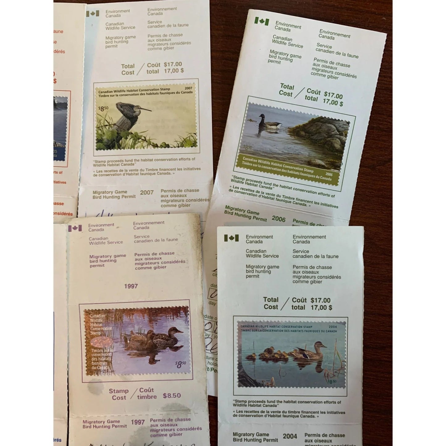 Collection of 8 Bird Hunting Permits w/ The Canadian Wildlife Habitat Conservation Stamps - A+ Stuff - Stamp - A+ Stuff
