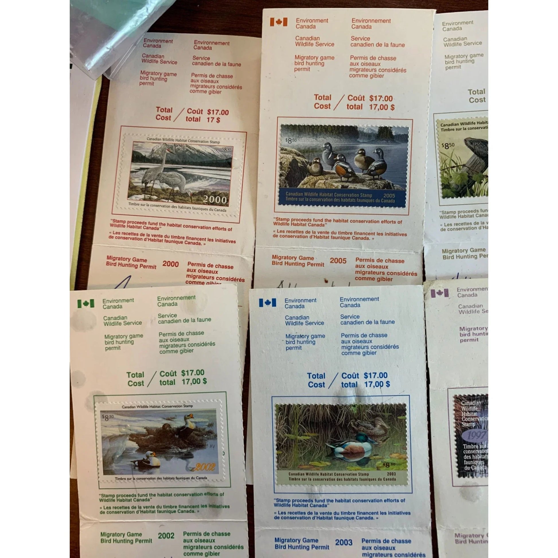 Collection of 8 Bird Hunting Permits w/ The Canadian Wildlife Habitat Conservation Stamps - A+ Stuff - Stamp - A+ Stuff
