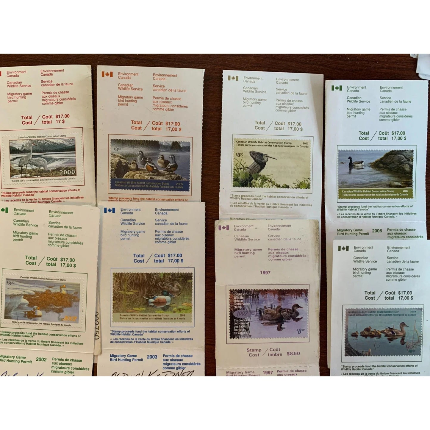 Collection of 8 Bird Hunting Permits w/ The Canadian Wildlife Habitat Conservation Stamps - A+ Stuff - Stamp - A+ Stuff