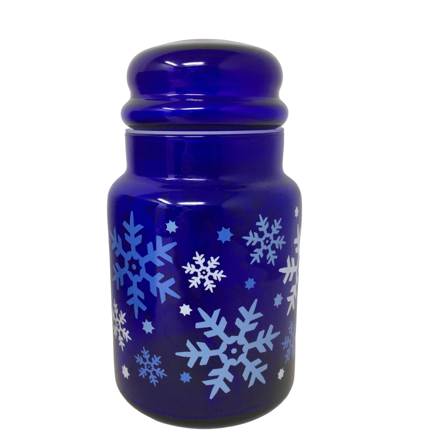 Vintage Libbey 7" Blue Cobalt Lidded Jar with Blue/White Snowflakes