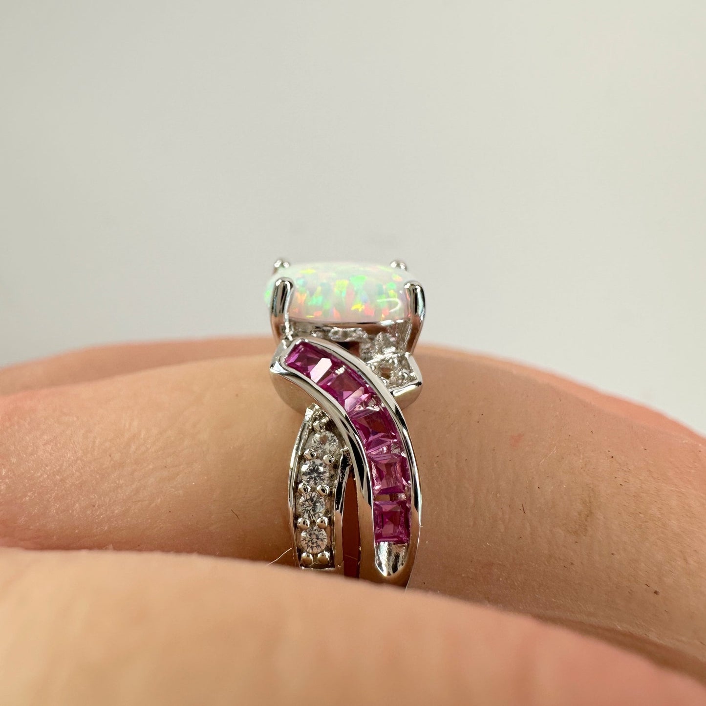Beautiful Lab Created Opal & Sapphire Ring - Size 7