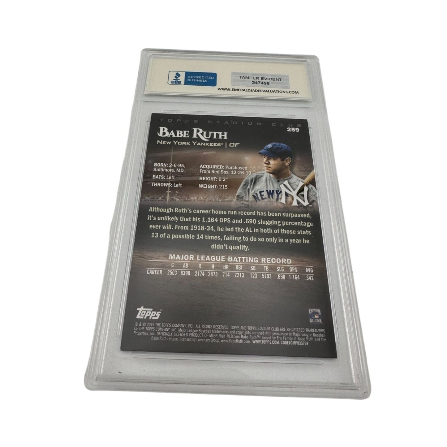 2019 Stadium Club - Babe Ruth Card # 259 Graded GEM MT 10