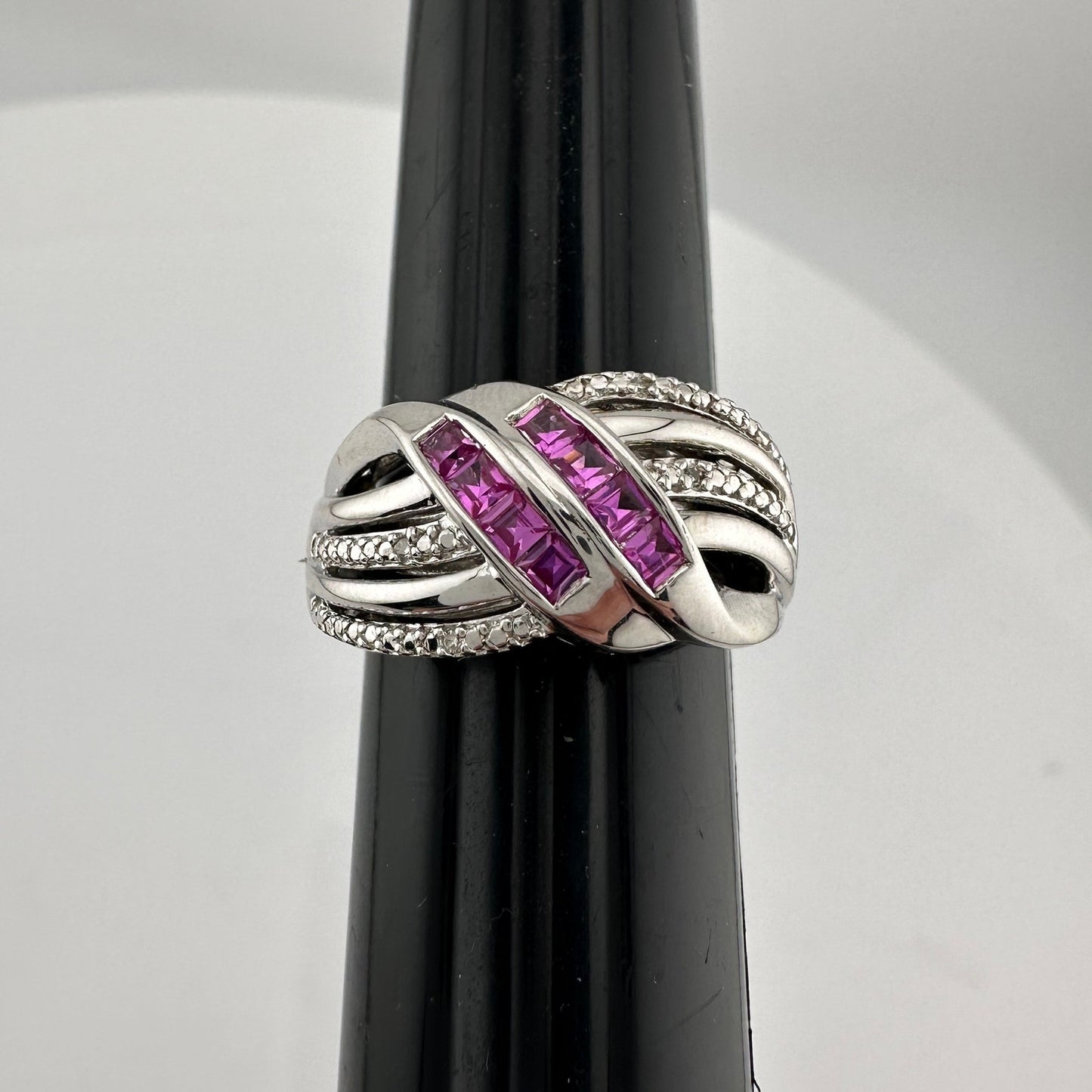 Detailed Lab Created Pink Sapphire and Sterling Ring - Size 7