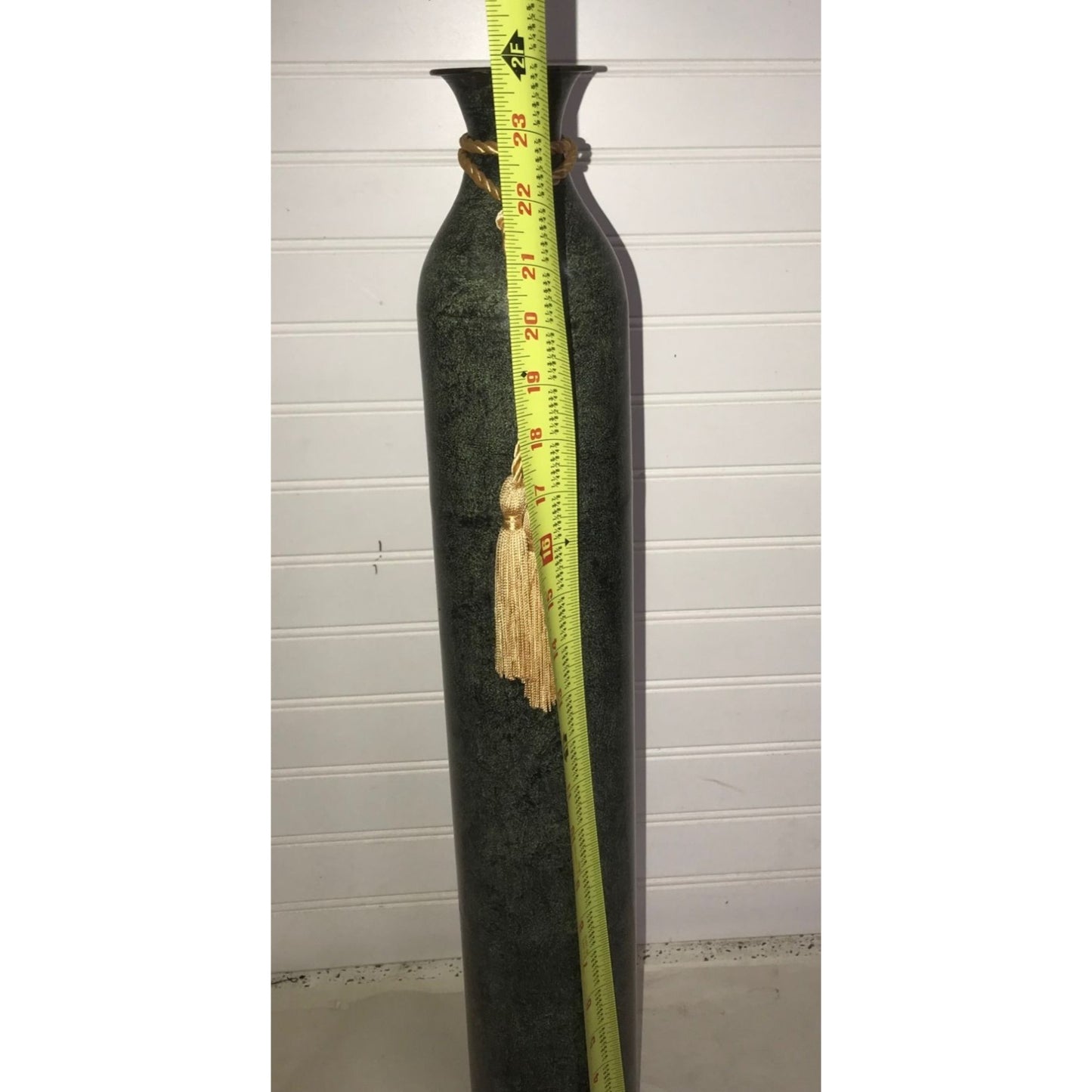 Tall Straight bottom Green Metal Vase with gold tassels- 24" tall