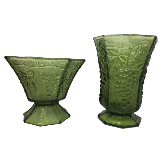 Anchor Hocking Green Glass Candy Dish and Vase With Grapes and Leaves