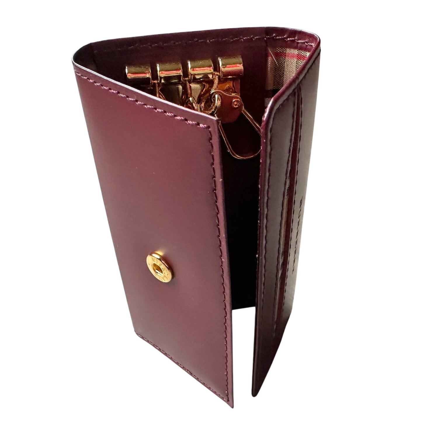 Burberry Burgundy Leather Key  Holder with Nova Check Accents