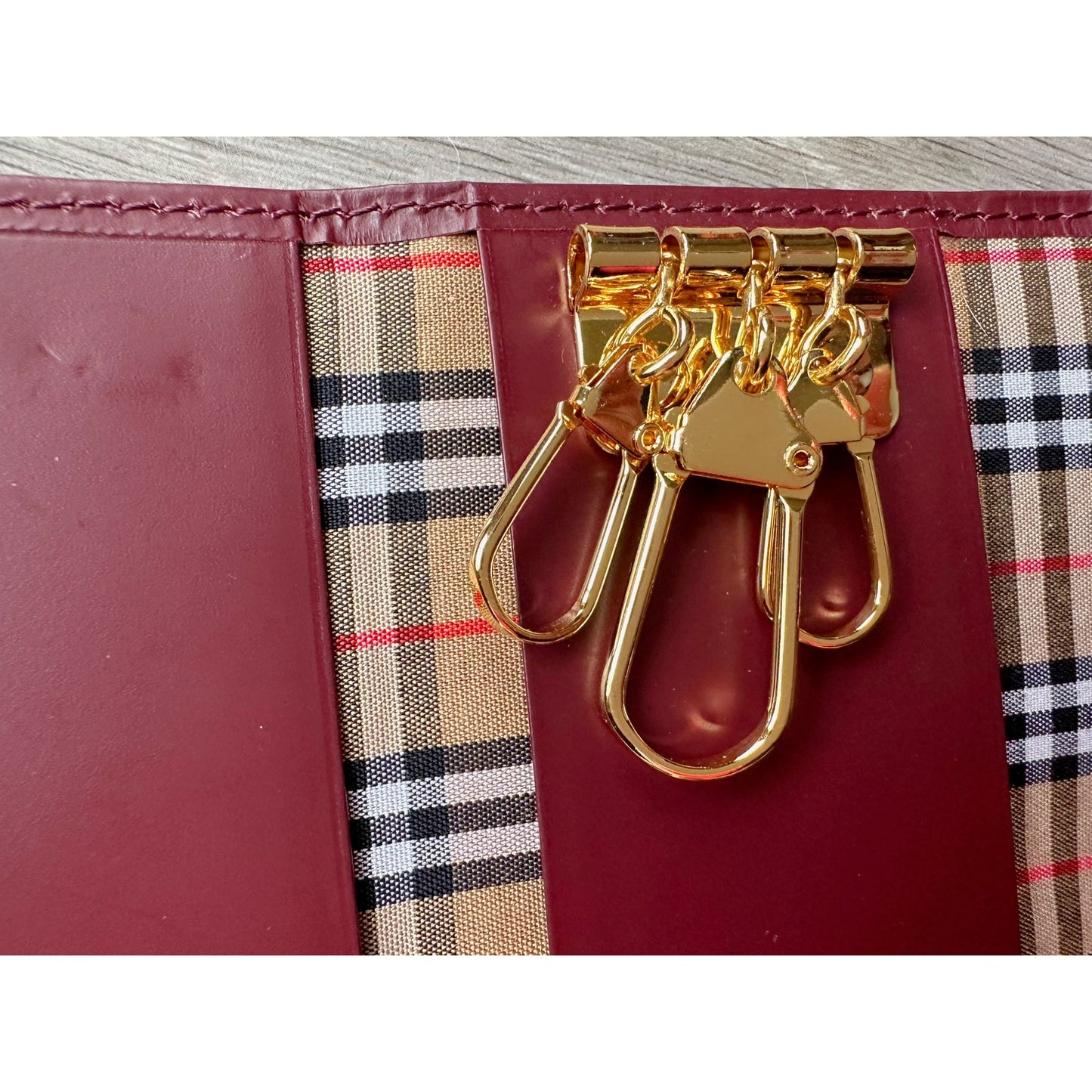 Burberry Burgundy Leather Key  Holder with Nova Check Accents