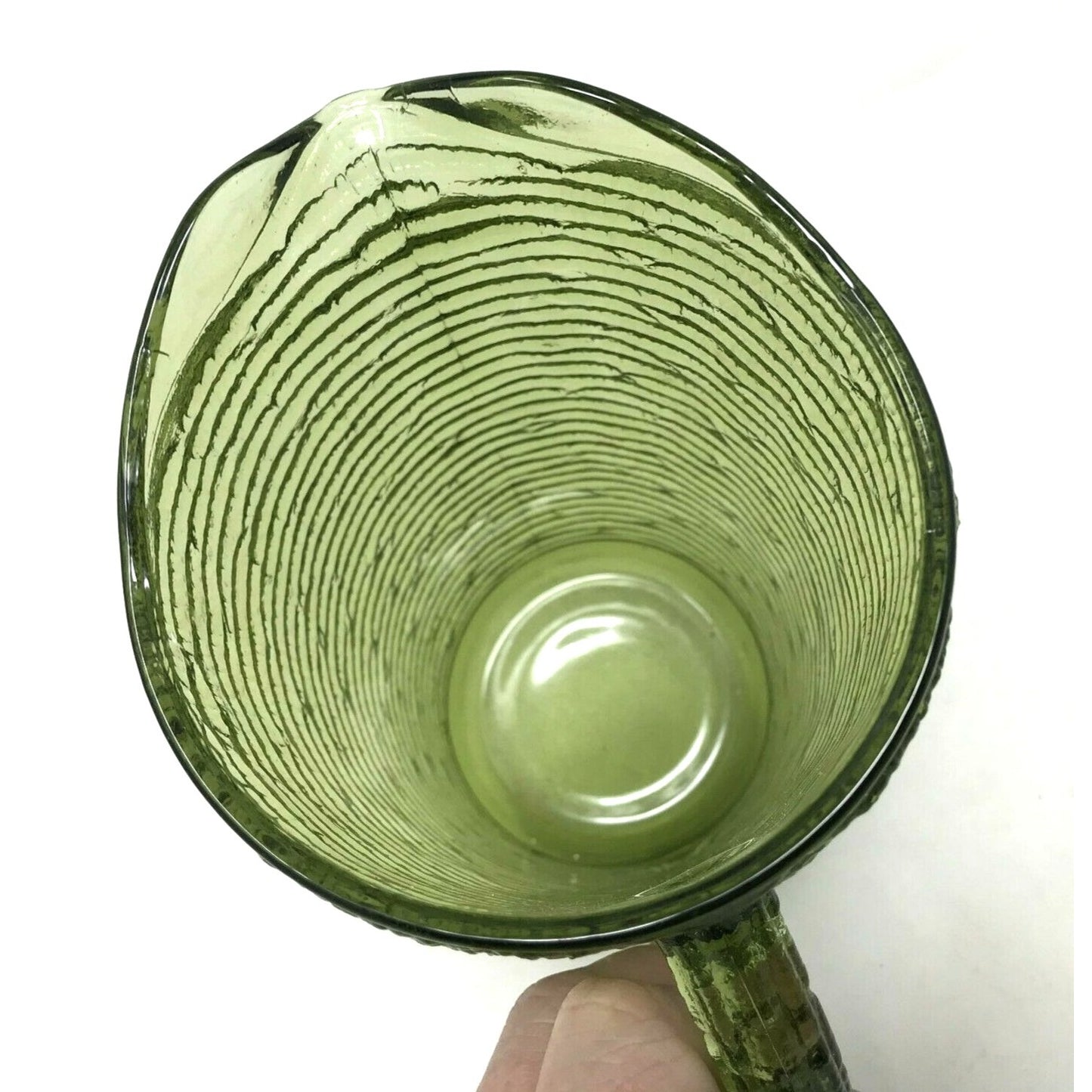 Vintage Ridged Olive Green Glass Pitcher  6.5" H  Pretty Design - 1970s-1980s