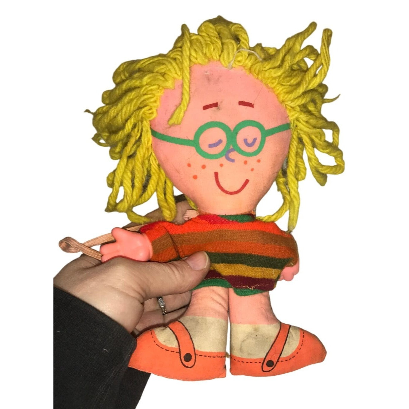 Vintage 1970s Rag Doll with Yellow Yarn Hair, Wearing Green Glasses & Striped Dress