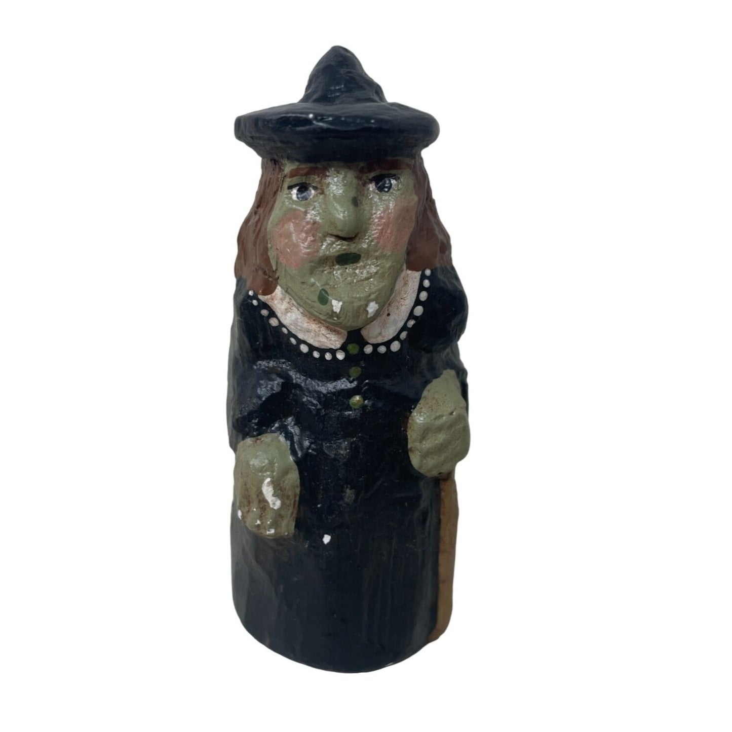 Small Miniature 3" Hand Carved Witch Figurine holding a Broom Stick, Wearing a Hat