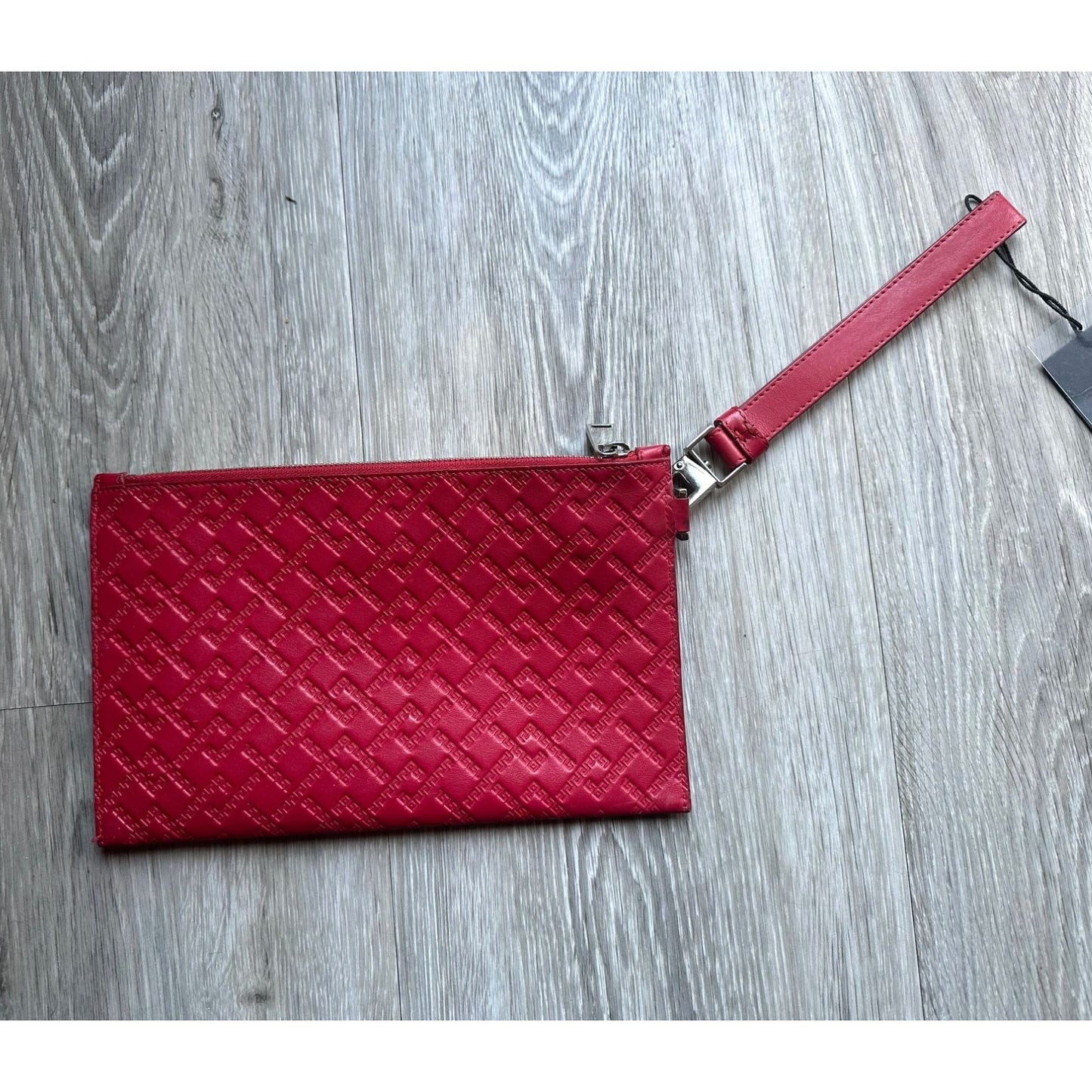 Versace Large Red Logo Print Leather Wristlet Clutch