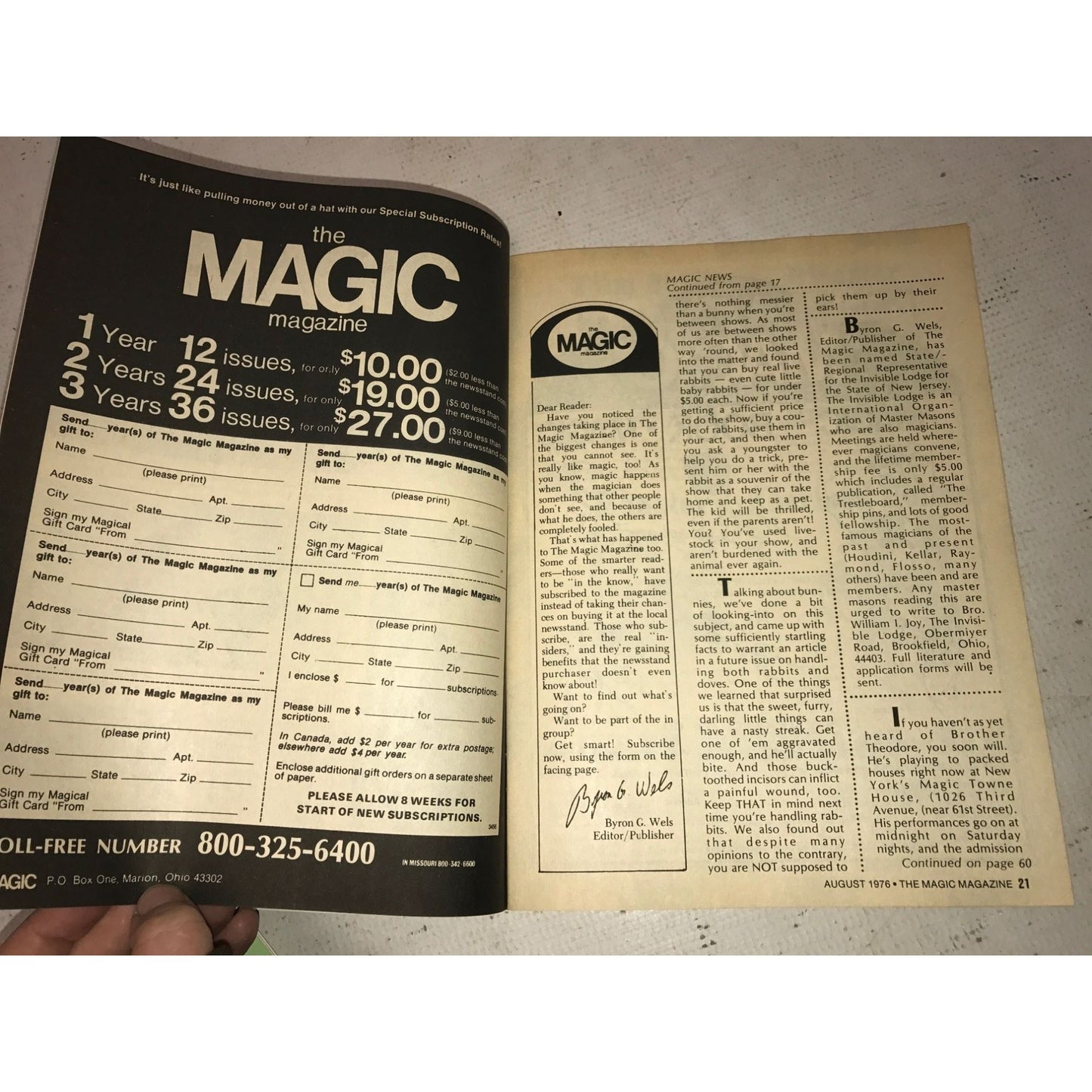 The Magic Magazine- Aug. 1976 Vintage Book