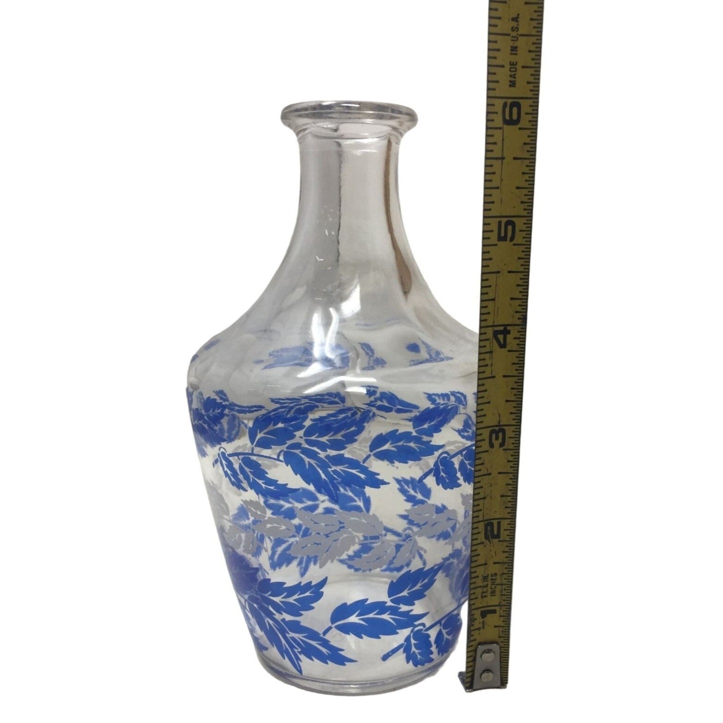 Vintage Clear Glass Carafe with Blue and White Leaf Pattern "FRANCE" on Bottom