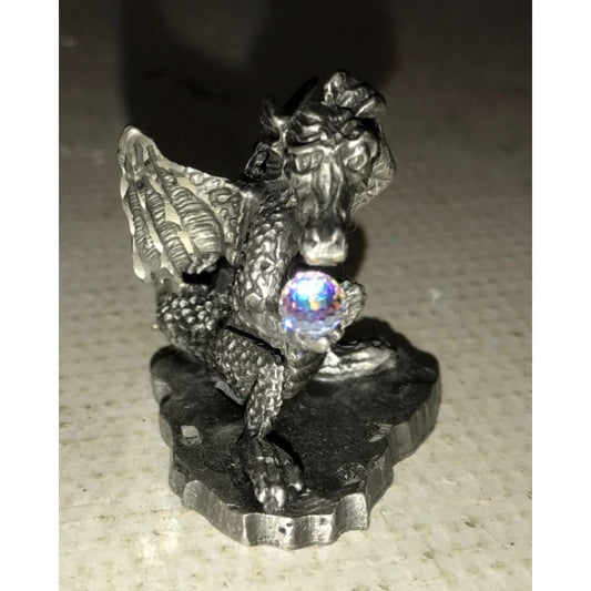 Small Miniature Rawcliffe Pewter Dragon Figurine Holding Faux Crystal ball