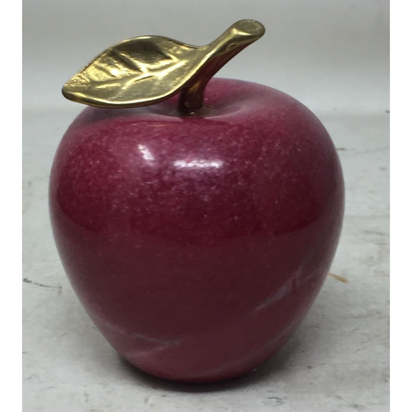 Vintage Polished Marble Red Apple with Brass Stem Leaf Heavy Paperweight