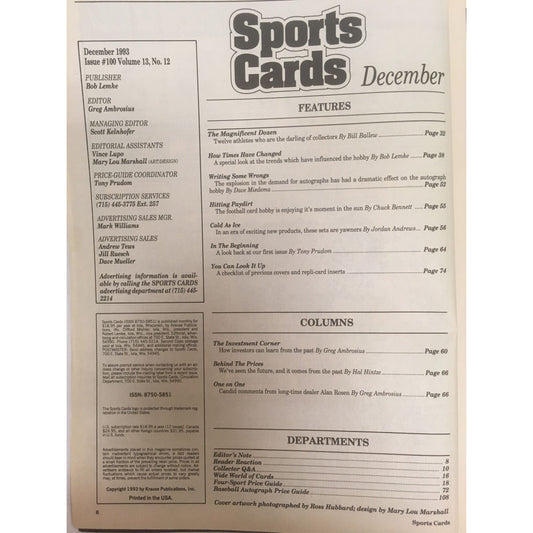 Sports Cards 100th Edition MAGAZINE December 1993 Special Collector's Edition