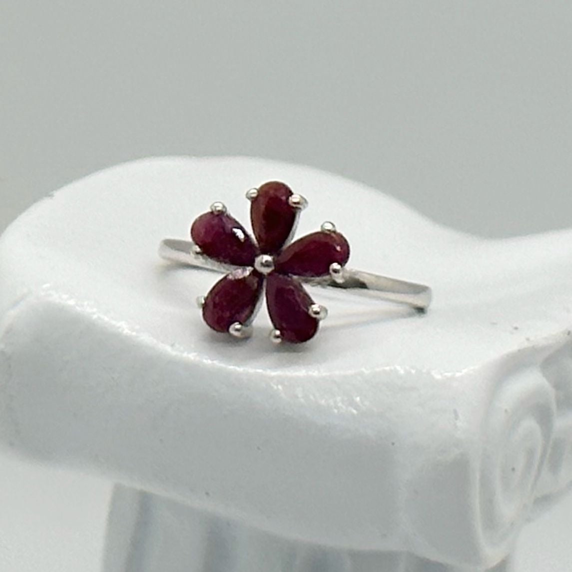 Natural Ruby Flower Ring -  Sterling Silver  - Size 7.75 - Simply Beautiful!