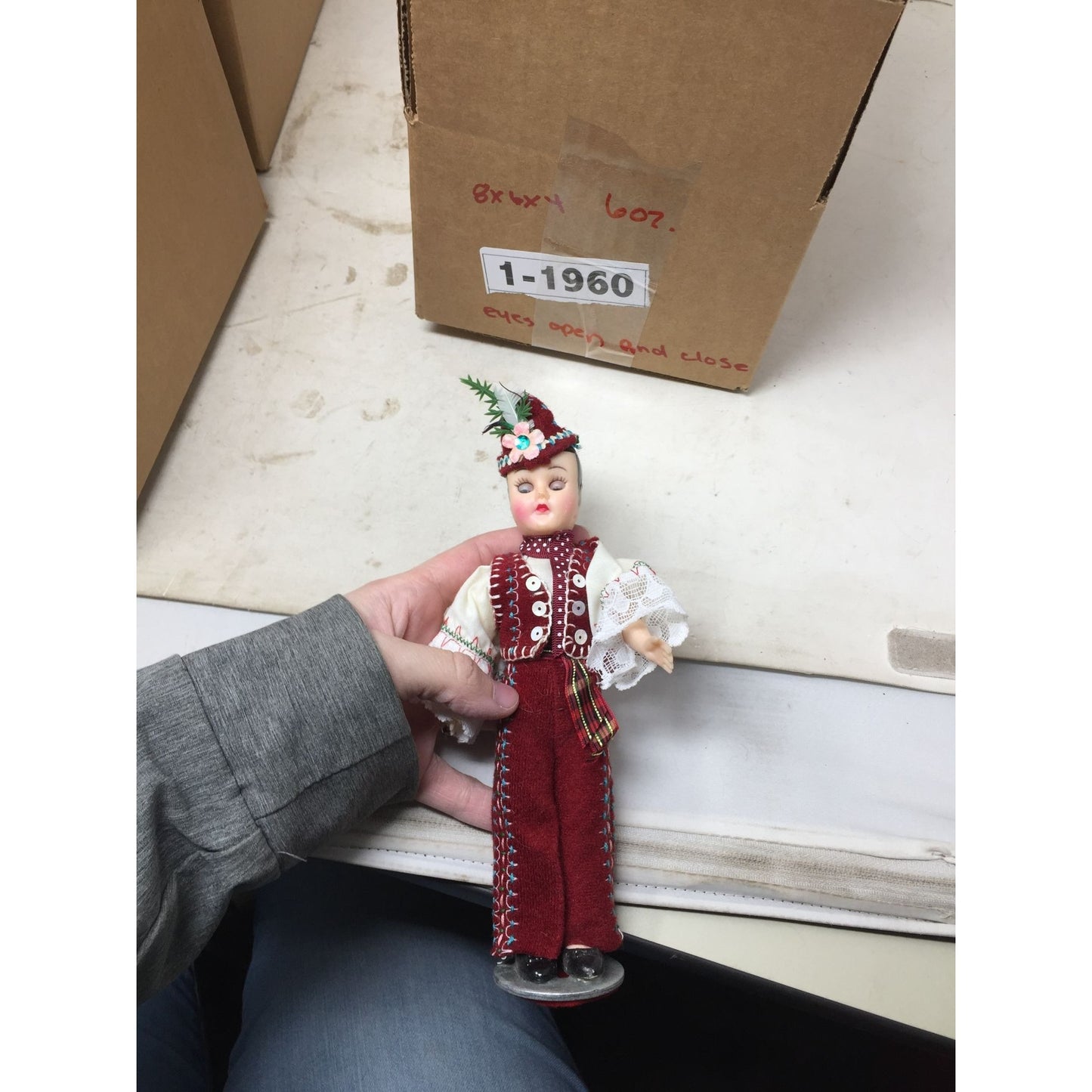 Vintage Doll/ Figurine wearing Red and White Polish Costume with Hat- Eyes Open/ Close