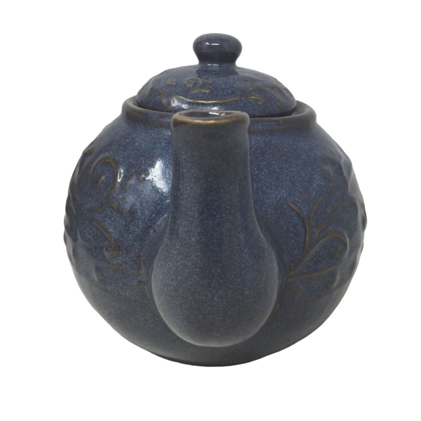 Navy Blue Ceramic Lidded Teapot with Swirl/Leaf Design (about 6 inches tall)