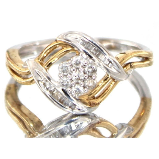 Beautiful 1/4 ct Diamond Ring Baguette and Flower Cluster with Two-Tone Sterling Band Size 6