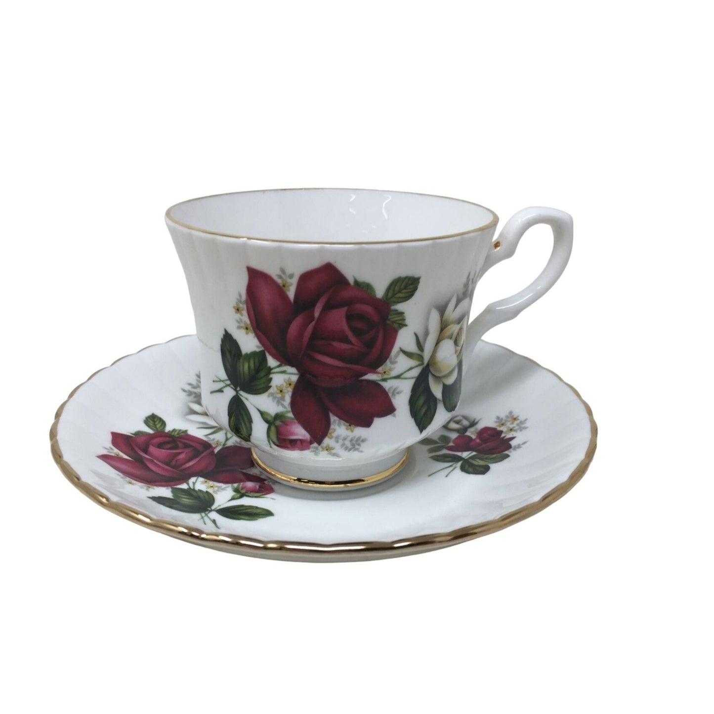 Royal Stafford Bone China Tea Cup and Saucer Set Gold Rimmed with Roses Printed on Each