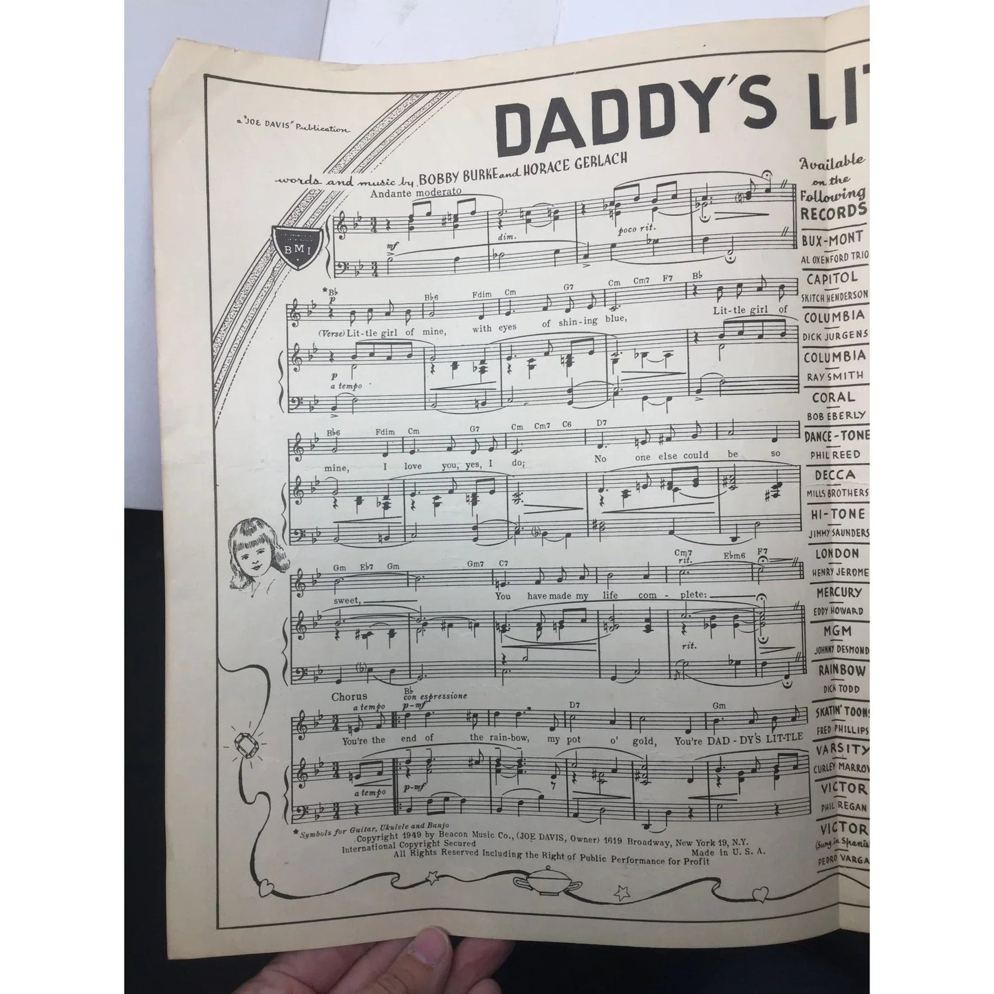 ''Daddy's Little Girl'' by Bobby Burke and Horace Gerlach - Beacon music co - SHEET MUSIC - A+ Stuff
