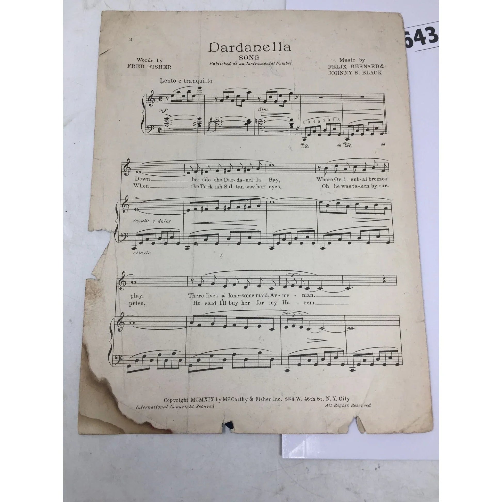 ''DARDANELLA'' By Felix Bernard and Johnny S Black Song Sheet Music Book - A+ Stuff - SHEET MUSIC - A+ Stuff