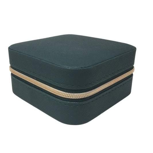 Dark Green Zippered Mini Portable Travel Jewelry Box with Gold Tone Accents - A+ Stuff - Jewelry Box - A+ Stuff