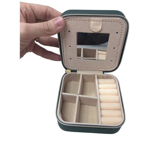 Dark Green Zippered Mini Portable Travel Jewelry Box with Gold Tone Accents - A+ Stuff - Jewelry Box - A+ Stuff