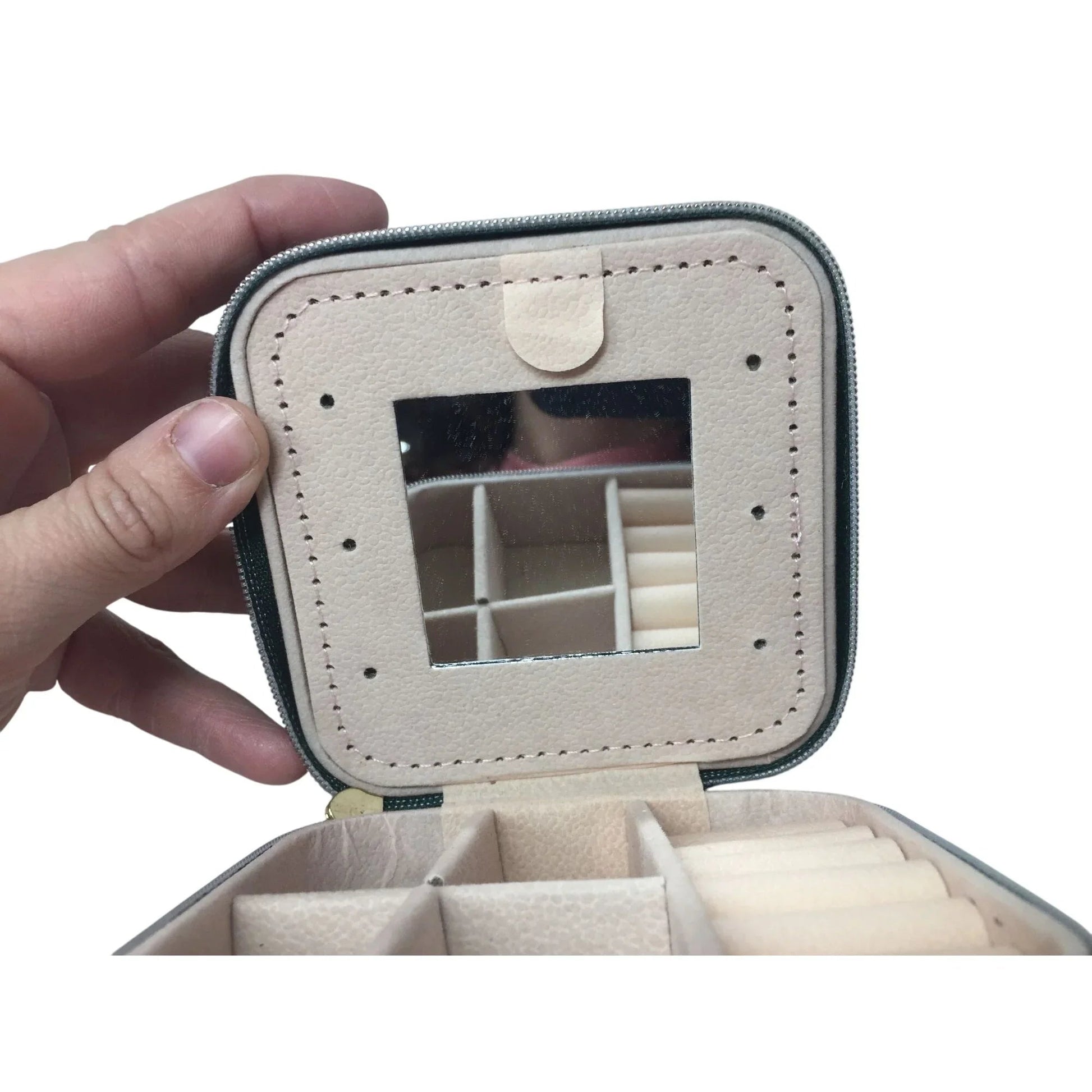 Dark Green Zippered Mini Portable Travel Jewelry Box with Gold Tone Accents - A+ Stuff - Jewelry Box - A+ Stuff