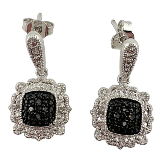 Elegant Black and White Diamond Cluster Dangle Earrings