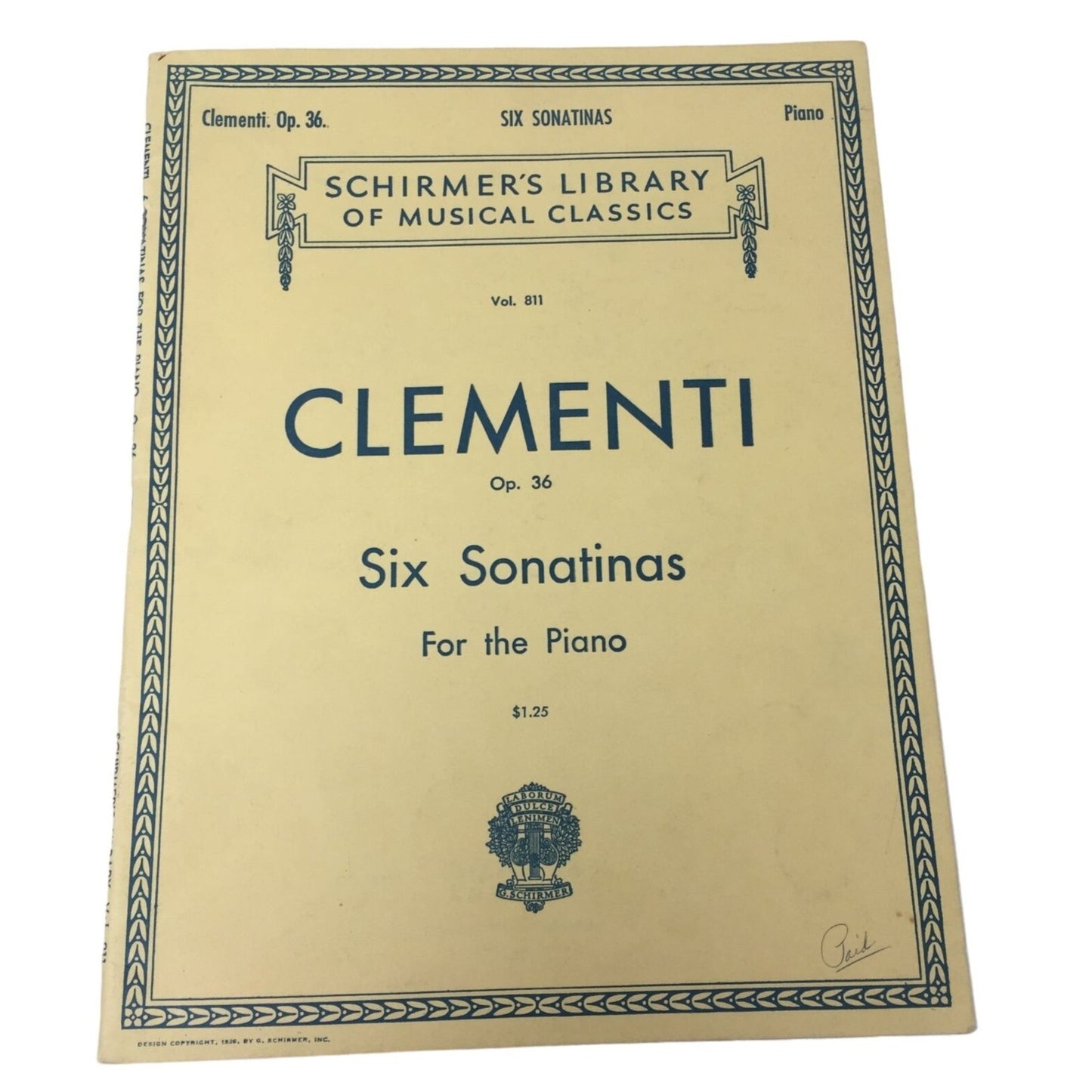 Schirmer's Library of Musical Classics Vol 811 CLEMENTI Op 36 6 Sonatinas for the Piano book