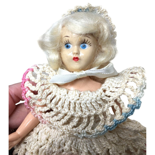 Vintage Collectible Doll Blonde Hair/Blue Eyes, Wearing Pretty Hand Crocheted Dress