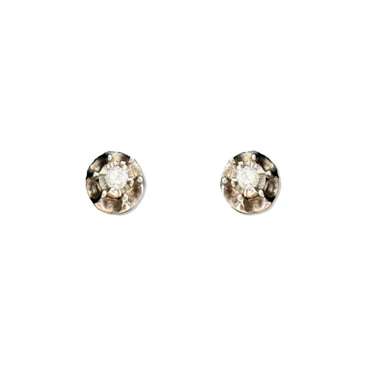 Pretty and Petite Diamond Stud Earrings Illusion Setting Center with Sterling Silver Ruffled Petal Edges