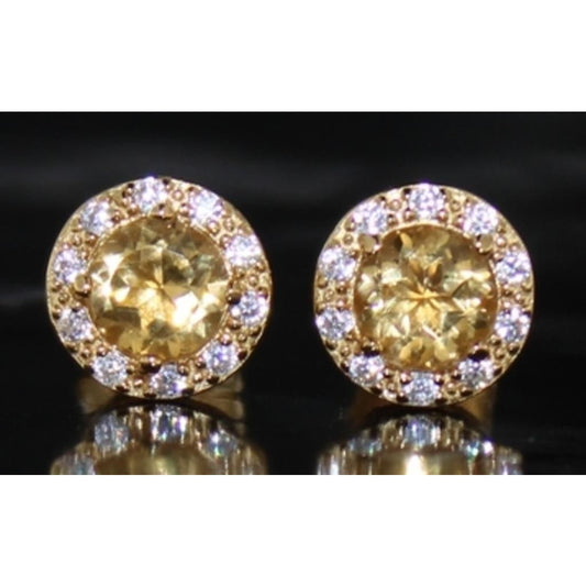 Bright Round 2.00 Carat Golden Citrine Halo Earrings - 14kt Gold Overlay Sterling Silver