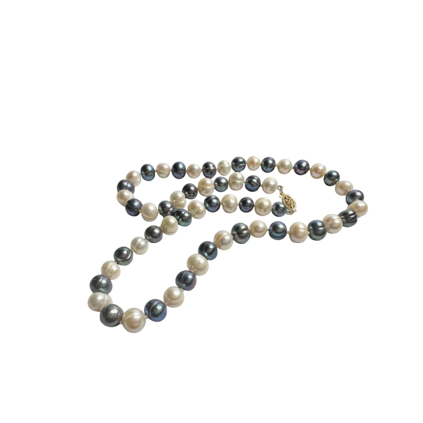 14kt Gold Hand Knotted 7mm Peacock Black (Bluish) & White Pearl Necklace 17"