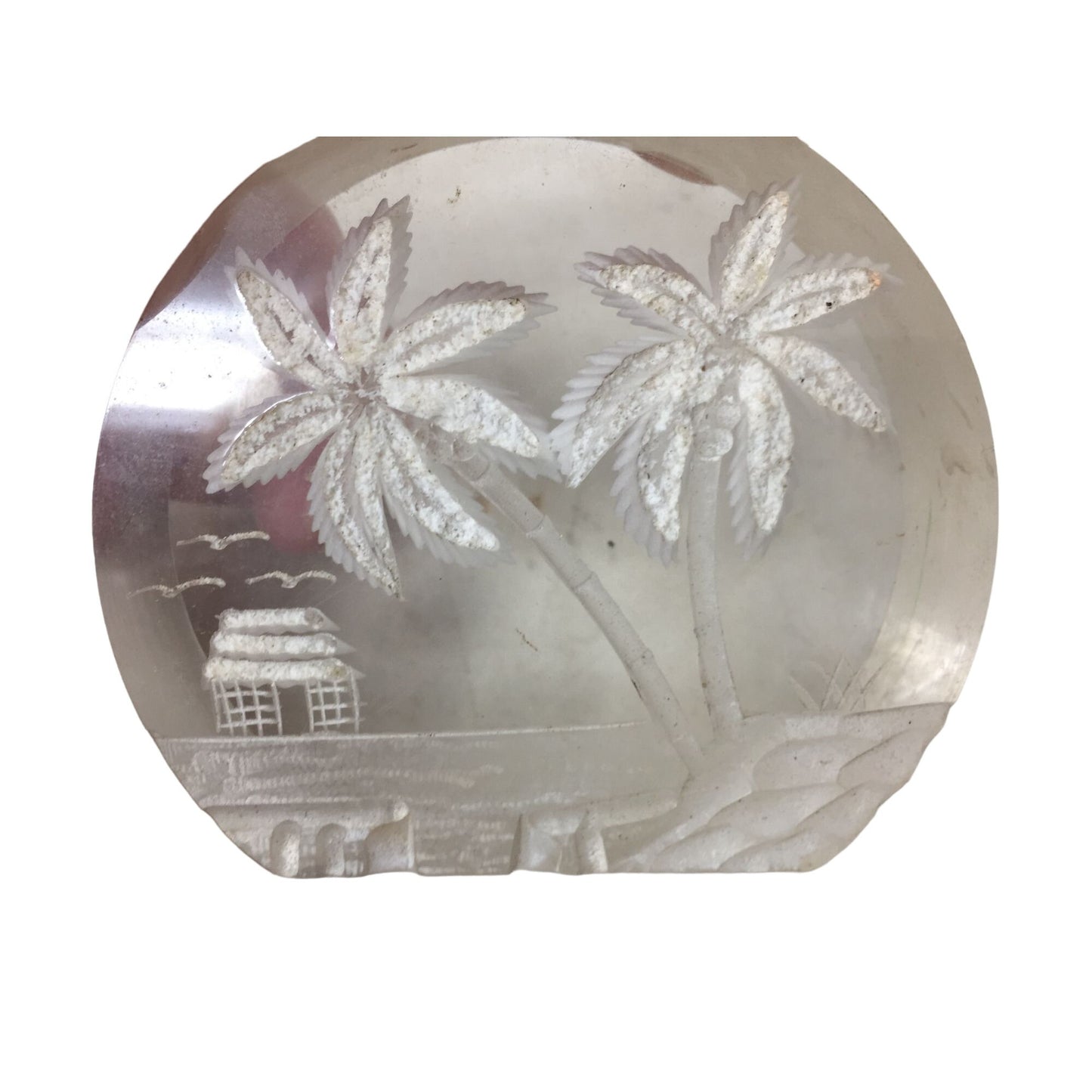 Vintage Carved Reverse Lucite Paperweight Hawaii Scene w/ Palm Trees