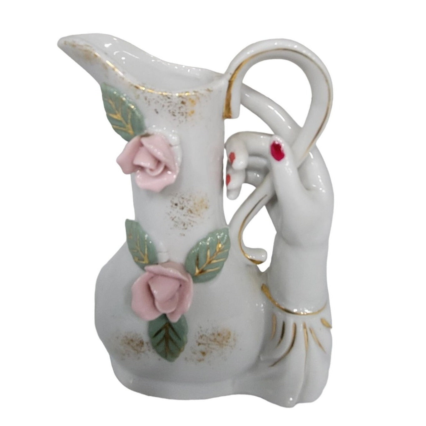 Porcelain Hand holding tall Pitcher Vase with Roses / Rosettes - Gold Accents Mid-century Believed to be Lefton