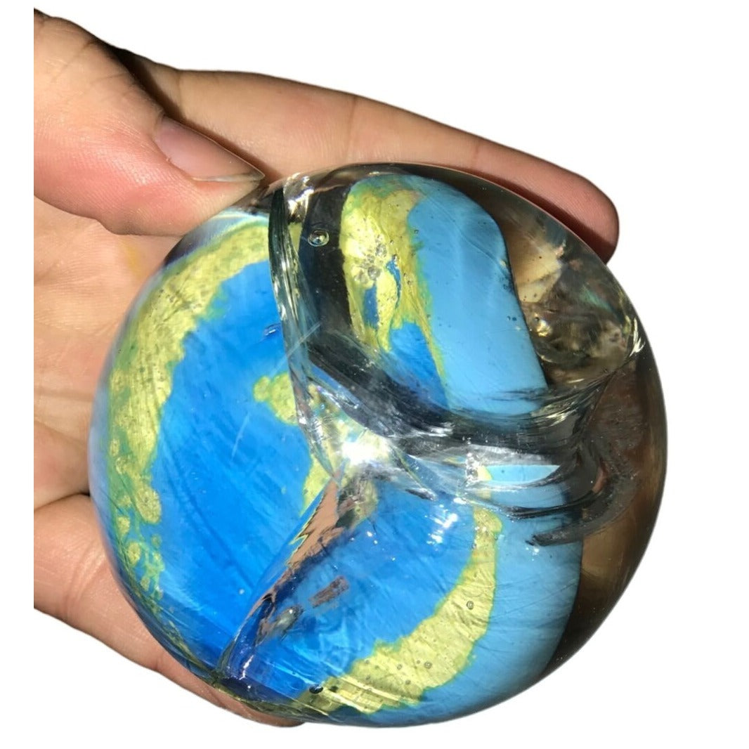 Art Glass Blue Green Yellow Swirled Paperweight