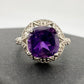 Beautiful Dark Purple Amethyst and Diamond Accent Ring - Sterling Silver Size 7.25