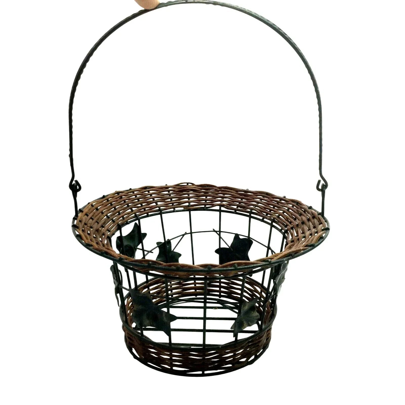Decorative Metal Wire Basket w Wicker & Tall Handle - Metal Leaves - Unbranded - decorative home accents - A+ Stuff