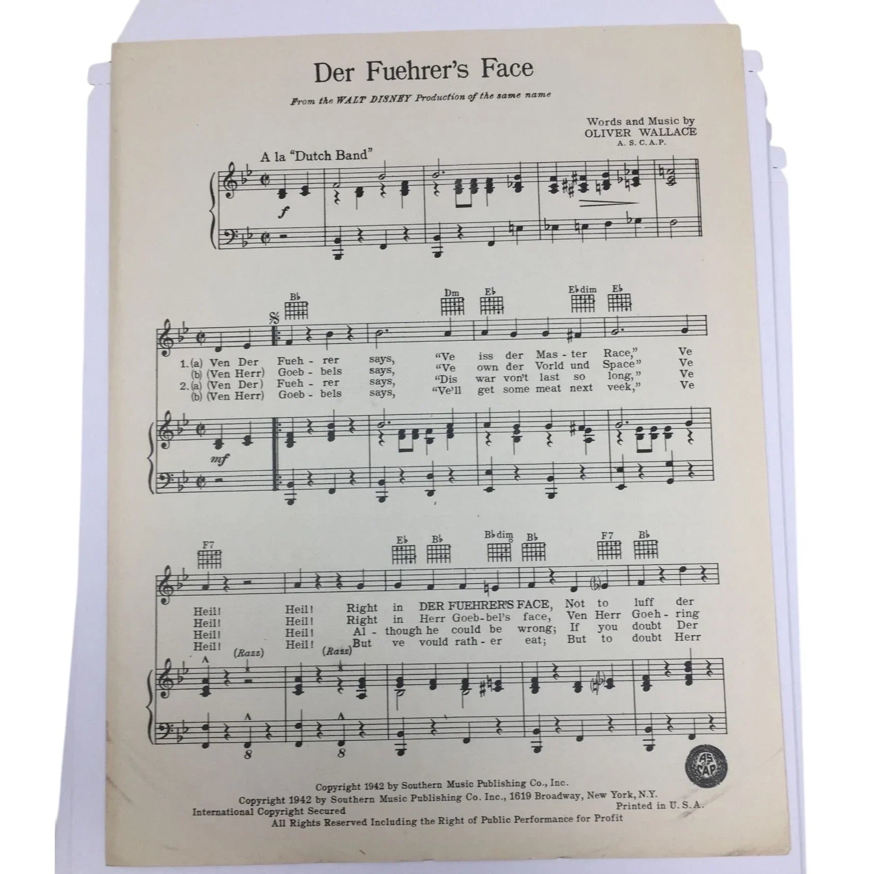 ''Der Fuehrer's Face'' Words and Music by Oliver Wallace - A+ Stuff - SHEET MUSIC - A+ Stuff