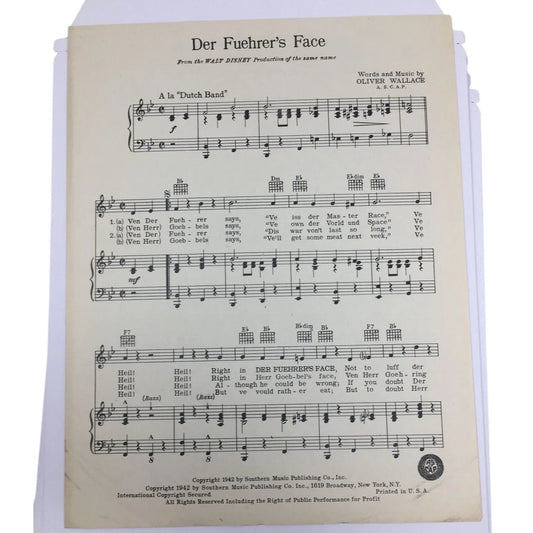 ''Der Fuehrer's Face'' Words and Music by Oliver Wallace - A+ Stuff - SHEET MUSIC - A+ Stuff